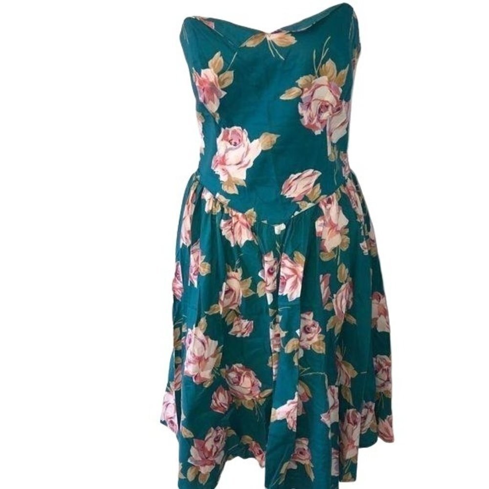 Carol Anderson California Dress Size 10 Turquoise Floral Cotton Attached Belt